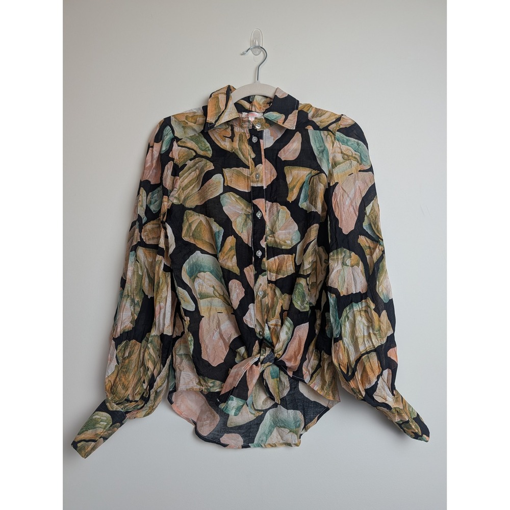 Luxxel Womens S Black Abstract Floral Button Down Button Cuff Long Sleeve Blouse - Picture 5 of 9